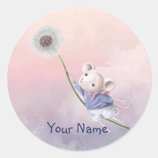 Aangepaste naam Cute Fantasy Mouse Dandelion Sleut Ronde Sticker (Voorkant)