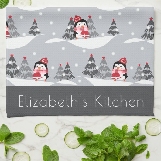 Aangepaste naam Cute Kerstmis Penguin Kitchen Towe Theedoek (Gevouwen)