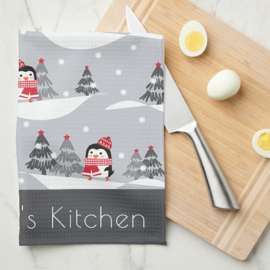 Aangepaste naam Cute Kerstmis Penguin Kitchen Towe Theedoek (Quarter Fold)