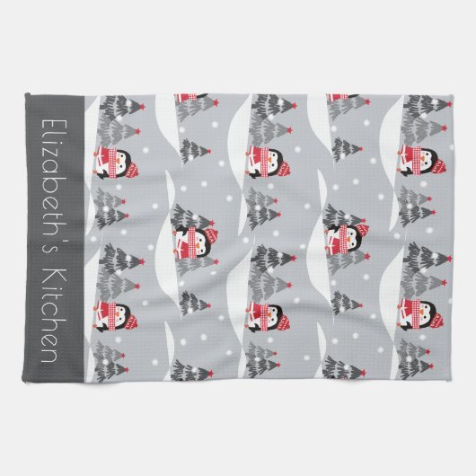 Aangepaste naam Cute Kerstmis Penguin Kitchen Towe Theedoek (Horizontaal)