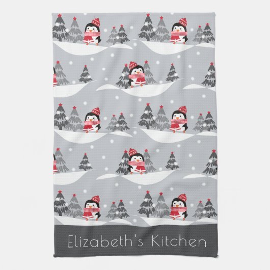 Aangepaste naam Cute Kerstmis Penguin Kitchen Towe Theedoek (Verticaal)