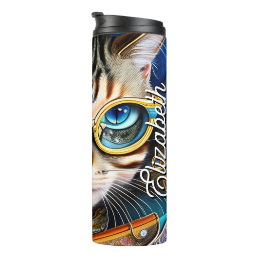 Aangepaste naam Cute Retro Cat Wearing Glasses Thermosbeker (Geroteerd rechts)