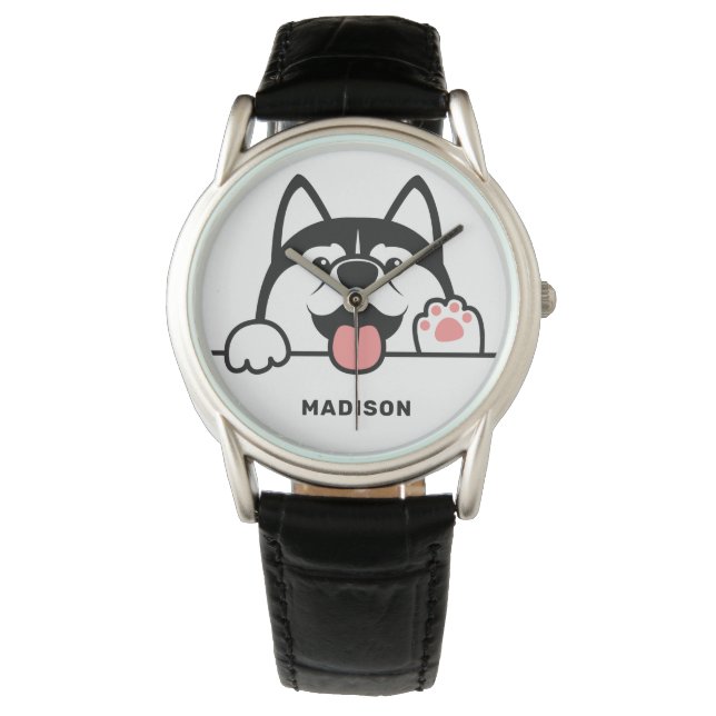 Aangepaste naam Cute Siberian Husky Horloge (Voorkant)