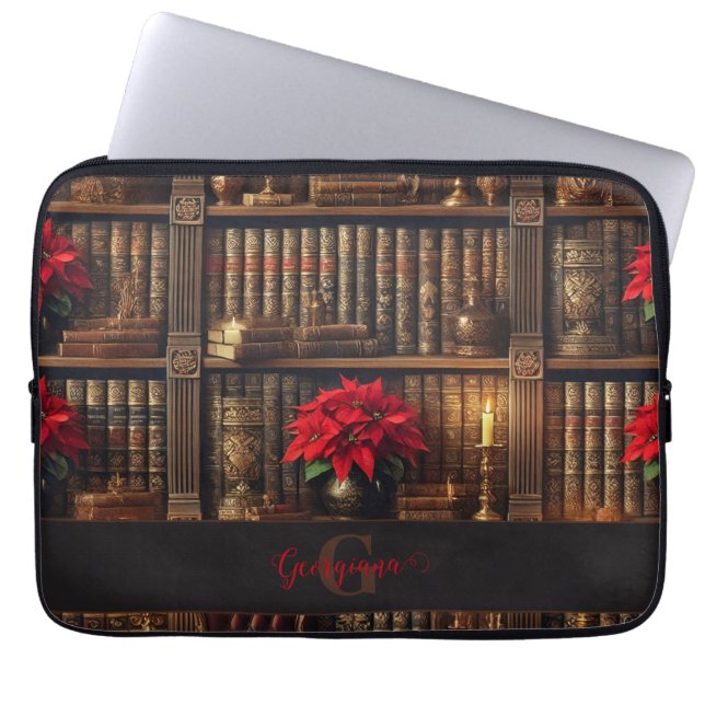 Aangepaste naam Dark Academia Poinsettia Boekenpla Laptop Sleeve (Voorkant)