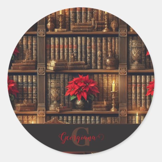 Aangepaste naam Dark Academia Poinsettia Boekenpla Ronde Sticker (Voorkant)