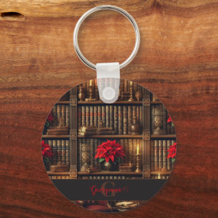 Aangepaste naam Dark Academia Poinsettia Boekenpla Sleutelhanger