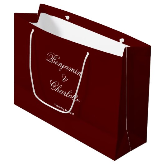 Aangepaste naam datum bordeauxrood trouwthema groot cadeauzakje (Voorkant Gekanteld)