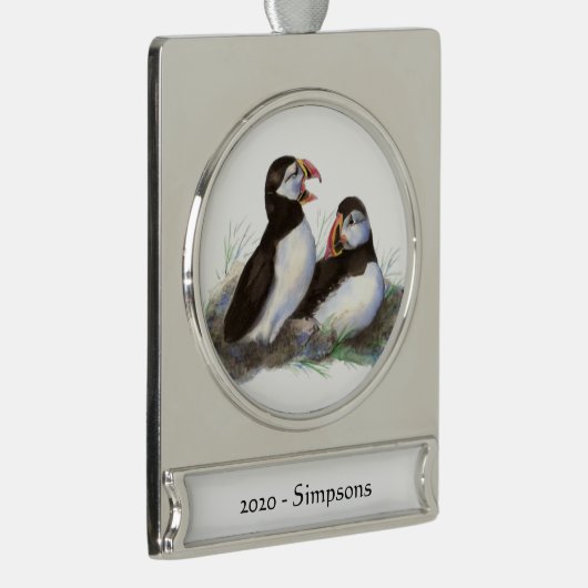 Aangepaste naam Datum Cute Puffin Birds Verzilverd Banner Ornament (Rechts)