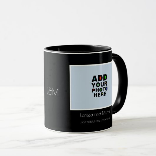aangepaste naam, datum en foto wit & zwart mok (Voorkant rechts)