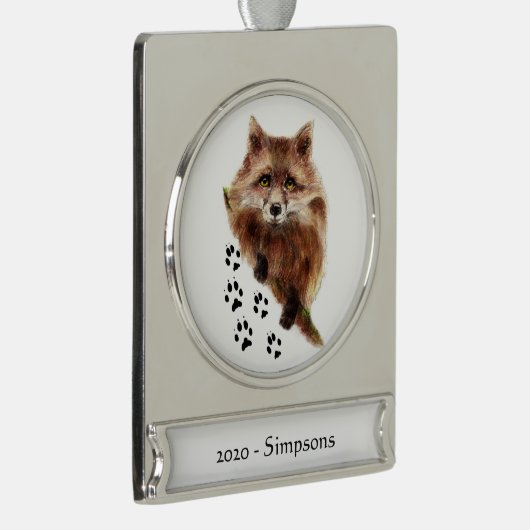 Aangepaste naam Datum Waterverf Fox Tracks Animal  Verzilverd Banner Ornament (Rechts)