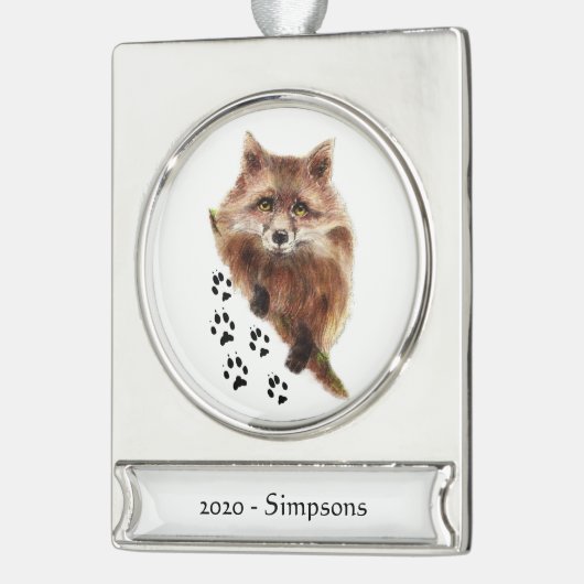 Aangepaste naam Datum Waterverf Fox Tracks Animal  Verzilverd Banner Ornament (Links)