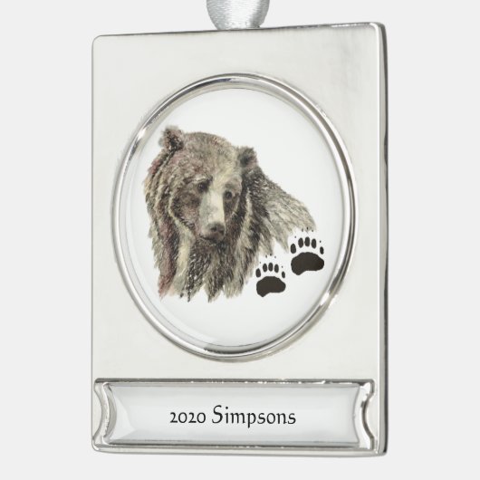 Aangepaste naam Datum Waterverf Grizzly Beer Dier Verzilverd Banner Ornament (Links)