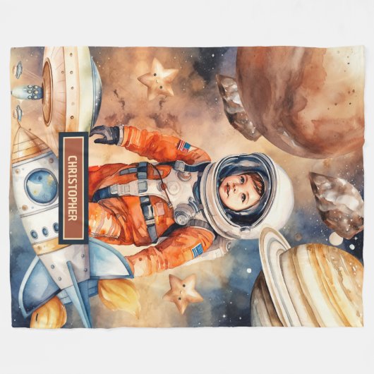 Aangepaste Naam Deken met Rocket en Planet Design (Voorkant (Horizontaal))