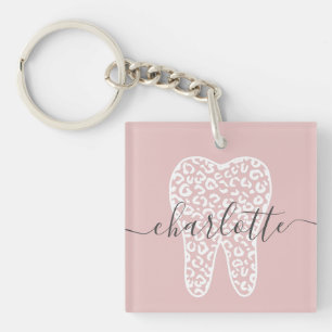 Aangepaste naam Dental Leopard Print Tooth Cadeau Sleutelhanger
