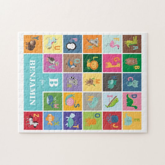 Aangepaste naam dierlijk alfabet monogram legpuzzel (Horizontaal)