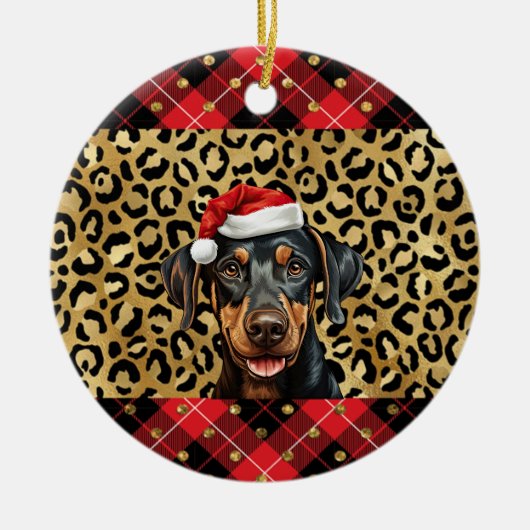 Aangepaste naam Doberman Pinscher hond Santa hoed Keramisch Ornament (Voorkant)