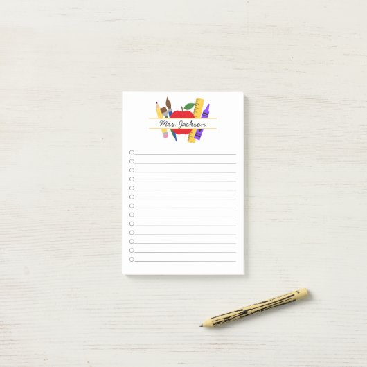 Aangepaste naam docent terug naar school post-it® notes (Op bureau)