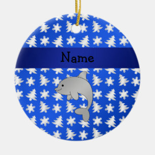 Aangepaste naam dolfijnblauwe sneeuwvlokken bomen keramisch ornament