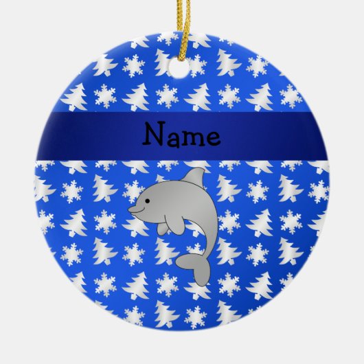 Aangepaste naam dolfijnblauwe sneeuwvlokken bomen keramisch ornament (Voorkant)