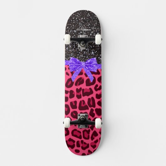 Aangepaste naam donkergrijze glitter roze leopardb skateboard (Voorkant)