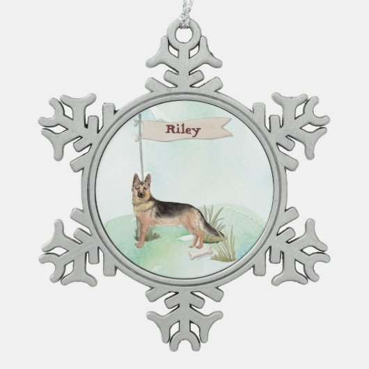 Aangepaste naam Duitse herderschapstig Tin Sneeuwvlok Ornament (Voorkant)