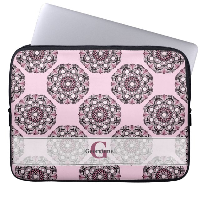 Aangepaste naam Dusky Roos Cherry Blossom Dot Mand Laptop Sleeve (Voorkant)
