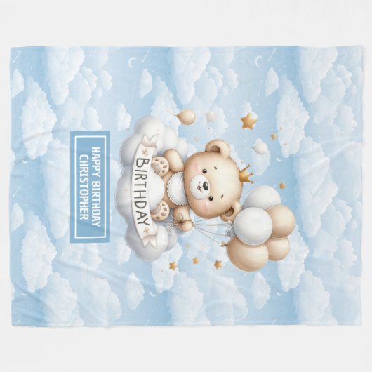 Aangepaste naam eerste verjaardag deken met teddyb (Voorkant (Horizontaal))