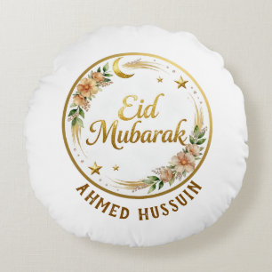 Aangepaste naam Eid Mubarak bloemrijke gouden maan Rond Kussen