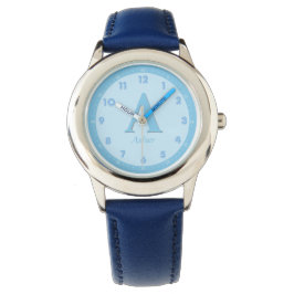 Aangepaste Naam Elegant Baby Blauw Kinder Monogram Horloge