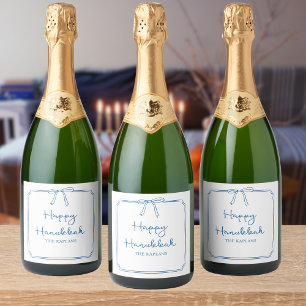 Aangepaste Naam Elegant Blauw Bow Chanoeka Gift Sparkling Wijnetiket