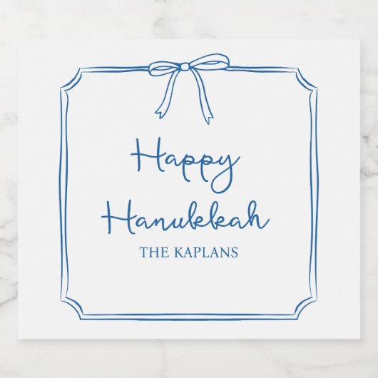 Aangepaste Naam Elegant Blauw Bow Chanoeka Gift Sparkling Wijnetiket