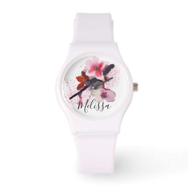 Aangepaste naam | Elegant Chic roze Cherry Blossom Horloge (Voorkant)