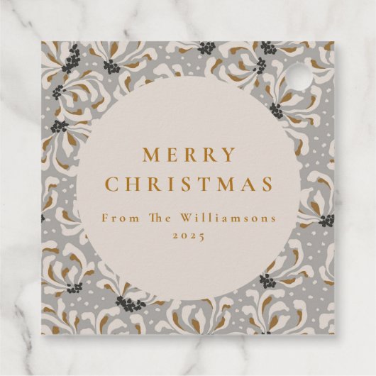 Aangepaste Naam Elegant Goud Grijs Bloemen Kerstmi Bedankjes Labels (Achterkant)