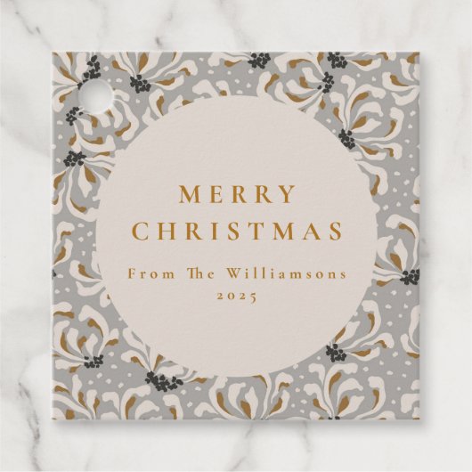 Aangepaste Naam Elegant Goud Grijs Bloemen Kerstmi Bedankjes Labels (Voorkant)