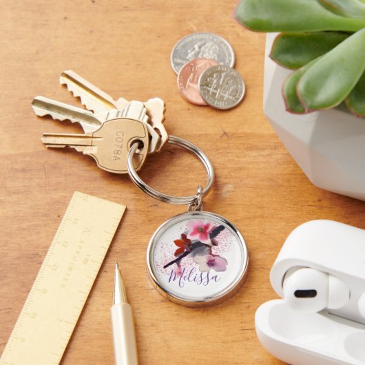 Aangepaste naam | Elegant roze en Paarse kersen Sleutelhanger (Bureau)