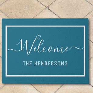 Aangepaste naam Elegant Schrift Welkom Teal Deurmat