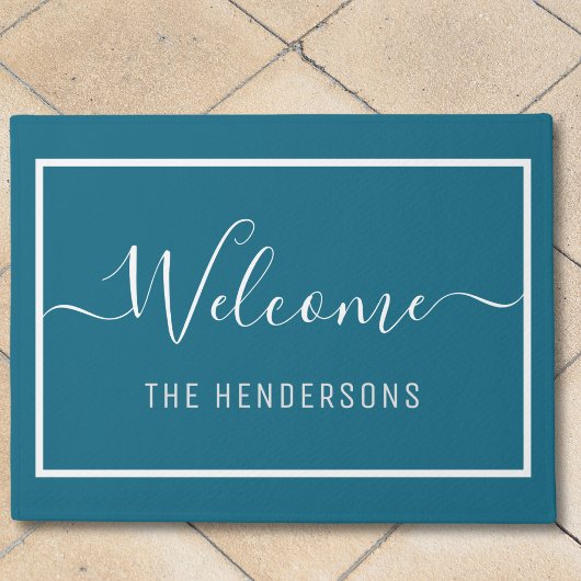 Aangepaste naam Elegant Schrift Welkom Teal Deurmat
