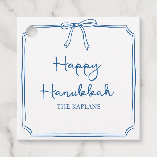 Aangepaste Naam Elegante Blauwe Bow Hanukkah GIft Bedankjes Labels (Voorkant)