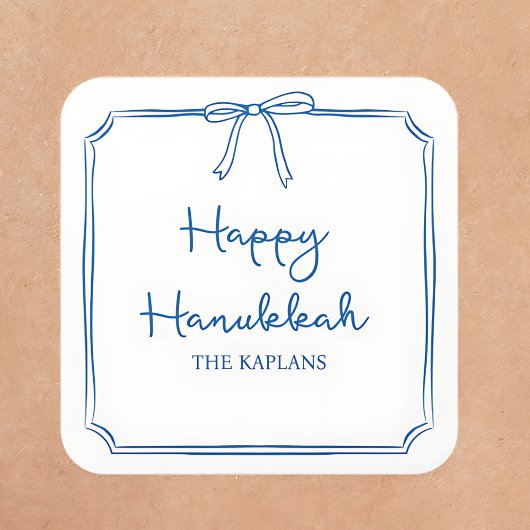 Aangepaste Naam Elegante Blauwe Bow Hanukkah GIft Vierkante Sticker