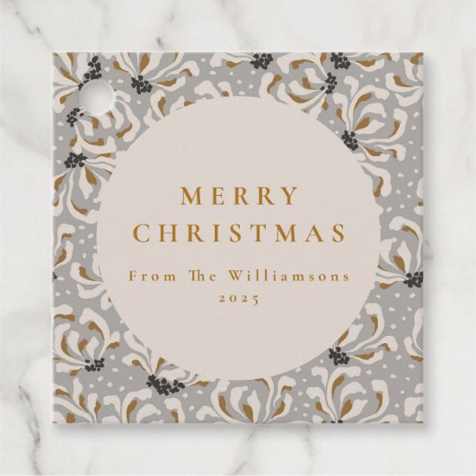 Aangepaste naam Elegante Goudgrijze Bloem Kerstmis Bedankjes Labels (Voorkant)