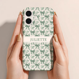 Aangepaste naam Elegante vintage bloem groene stri iPhone 16 Hoesje