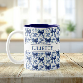Aangepaste Naam Elegante Vintage Bloemen Blauwe Bo Tweekleurige Koffiemok
