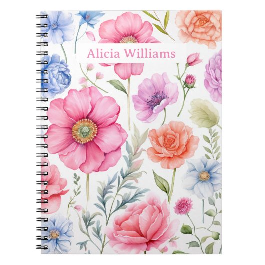Aangepaste Naam Elegante Waterverf Bloemenpatroon Notitieboek (Voorkant)