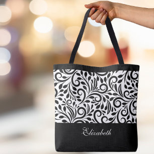 Aangepaste naam Elegante Zwarte & Witte Mode Tote Bag