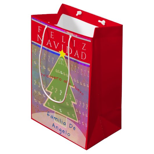 Aangepaste naam en bericht "Feliz Navidad"  Medium Cadeauzakje (Voorkant Gekanteld)