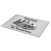 Aangepaste naam en datum Log Cabin met bomen Snijplank (Hoek)