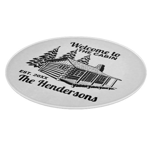 Aangepaste naam en datum Log Cabin met bomen Snijplank (Hoek)