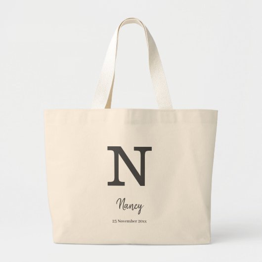 Aangepaste naam en datum monogram letter "N" Grote Tote Bag (Voorkant)
