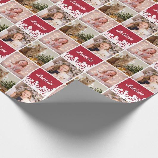 Aangepaste naam en foto-inkuiling Rood Witte sneeu Cadeaupapier (Hoek)