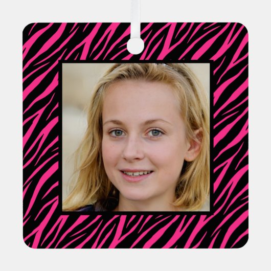 Aangepaste naam en foto roze Zebra kerst Metalen Ornament (Voorkant)